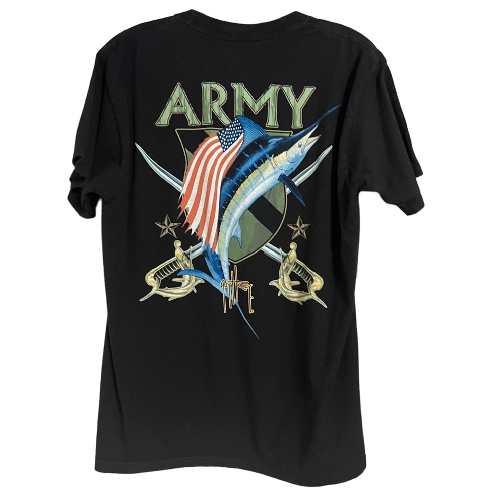 Guy Harvey Original Army Flag Swords Marlin Fish Black T Shirt Sz M EUC